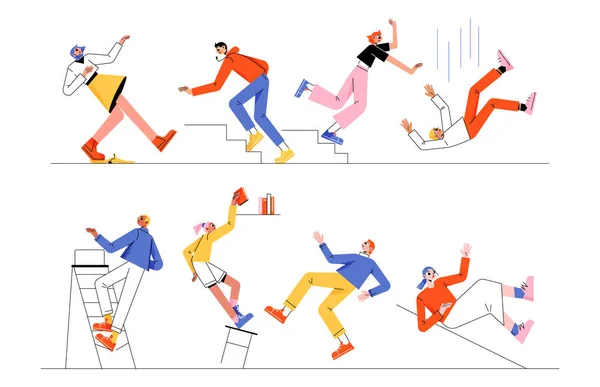 Vector People Falling Stairs Ladder Slippery Floor Cartoon Flat Illustration — ストックベクタ