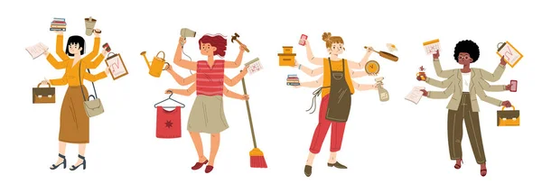 Multitasking Women Doing Many Tasks Cartoon Flat Set Illustration Active —  Vetores de Stock