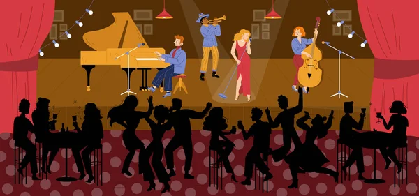 Jazz Klub Zenekarral Színpadon Emberek Táncolnak Bort Isznak Vektorlapos Illusztrációja — Stock Vector