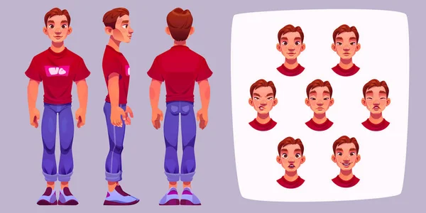 Standing Man Front Side Back View His Face Different Emotions — Vector de stock