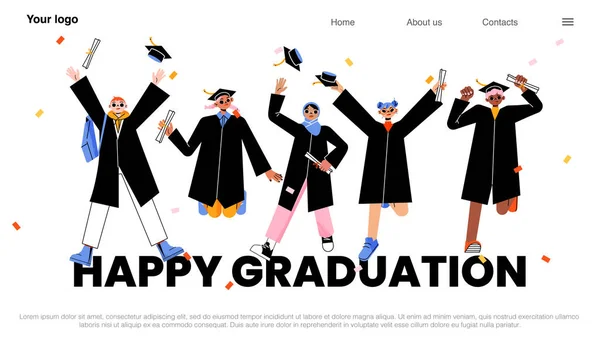 Happy Graduation Banner College University Graduates Jump Throw Caps Air — Stock Vector