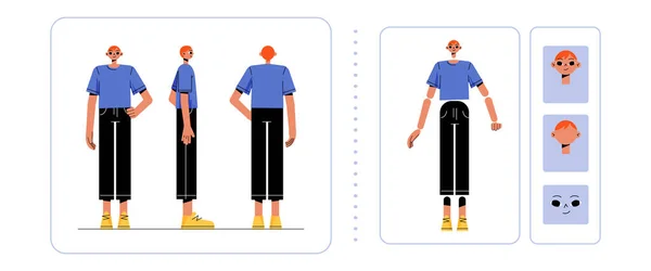 Male Character Animation Personage Side Rear Front View Emotions Young — Vettoriale Stock