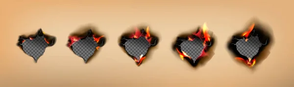 Burn Craft Paper Borders Brown Burnt Hole Stages Smoldering Fire — Vector de stock