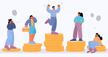 Maaş farkı kavramı, insanlar düşük ve yüksek altın para yığınları üzerinde dururlar. Farklı sınıf ve gelir oranlarına sahip erkek ve kadın karakterler, sosyal hiyerarşi yapı çizgisi düz çizim çizgisi çizimi