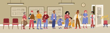 Muhtelif insanlar hastane koridorunda doktor kuyruğunda bekliyorlar. Kliniğin içini gösteren vektör karikatür çizimi. Sırada bekleyen hastalar ve kadın hemşire.