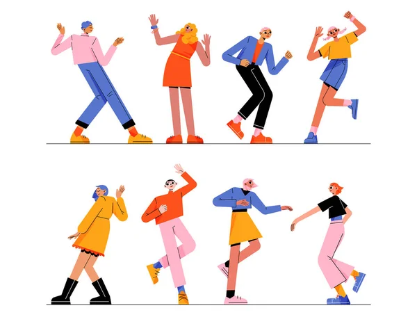Nsanlar Dans Eder Müzik Eşliğinde Hareket Eder Genç Erkek Kadın — Stok Vektör