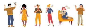 People with smartphones, gadget communication. Men and women with mobile phones call, send love messages, chatting, texting, reading news, listen music, shoot selfie, Line art flat vector illustration