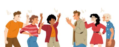 Bir grup kızgın insan kavga eder ve tartışır. Ekipteki çatışma, ilişki sorunları, arkadaşlar ve işçiler arasındaki kötü iletişim. Erkeklerin ve kadınların tartışırken ve bağırırken düz bir şekilde resmedilmesi