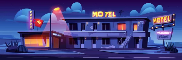 Motel Night Highway Roadside Old Building Facade Illuminated Road Sign — стоковый вектор