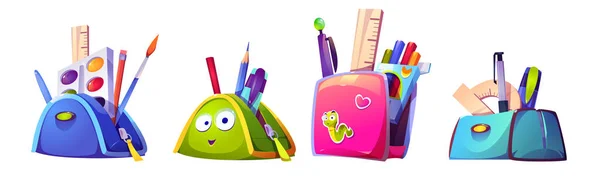 School Stationery Isolated Set Backpack Pencil Case Studying Supplies Paints — Stockvector