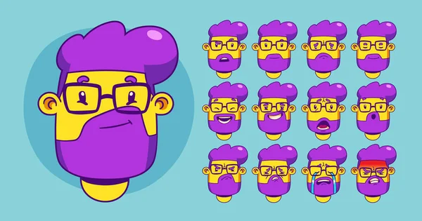 Bearded Young Man Eyeglasses Contemporary Cartoon Set Vector Illustration Male — Archivo Imágenes Vectoriales
