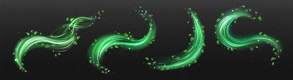Abstract Wind Swirls Green Leaves Sparkles Isolated Transparent Background Vector — Διανυσματικό Αρχείο