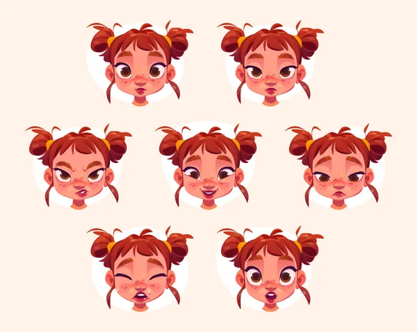 Cule Little Girl Face Different Emotions Vector Cartoon Set Child — стоковый вектор