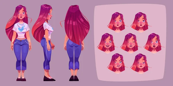 Pretty Girl Front Side Back View Young Woman Face Different — Vector de stock