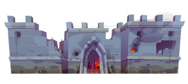 Destroyed medieval castle wall with broken gate, steaming holes and loopholes, cracked stones. Isolated ruined dungeon, temple or palace exterior, building facade. Cartoon 2d game vector graphics