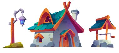Forest village or dwarves valley objects set. Cartoon fairytale elf or dwarf house, well and lantern. Isolated vector stone dwelling for gnome with wooden door, tiled sloping roof, fantasy buildings