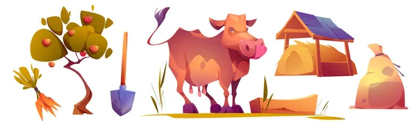 Cow Farm Cartoon Vector Illustration Set Hay Stack Sack Shovel — Vetor de Stock