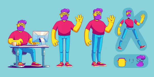 Man Character Sitting Table Computer Standing Vector Animation Set Parts — Stockvektor