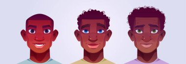 African american men with short hair and afro. Vector cartoon illustration of handsome guys portraits, young, adult and elderly male characters faces isolated on background