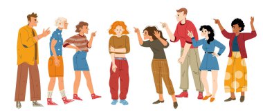 Crowd of aggressive people bully and blame outcast woman. Scared female victim character express abuse trying to hide from angry persons pointing on her with fingers, Line art flat vector illustration