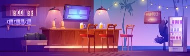 Tropical bar or pub interior, beach restaurant with cold beer mugs stand on wooden desk, high stools, lanterns, garland, refrigerator with drinks, shelf and palm trees, Cartoon vector illustration