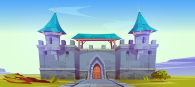 Medieval castle with gates, stone brick walls and blue roof. Summer landscape with old fortress with towers, wooden doors and stone road on green meadows, vector cartoon illustration