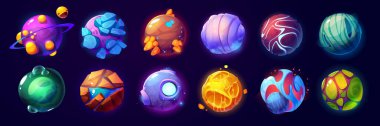 Alien planets colorful cartoon set. Creative vector illustration of fantastic cosmic objects with rocks, craters, cracks. Funny collection of space game level symbols glowing isolated on background