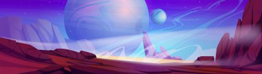 Space landscape cartoon illustration. Vector panorama of fantastic alien planet with red rocky surface and many stars shining on horizon. Cosmic adventure game background. Galaxy exploration