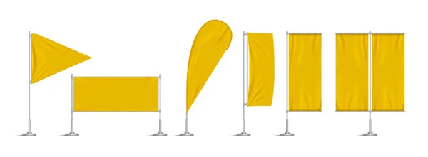 Yellow Vinyl Flags Set Banners Metal Pole Vector Realistic Template — Stockový vektor