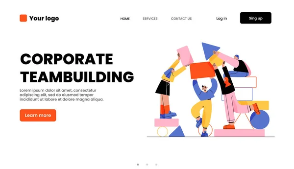 Corporate Teambuilding Landing Page People Work Together Set Abstract Geometric — стоковый вектор