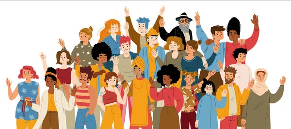 Multiracial Group Happy People Waving Hand Diverse Characters Community Asian — Vector de stock