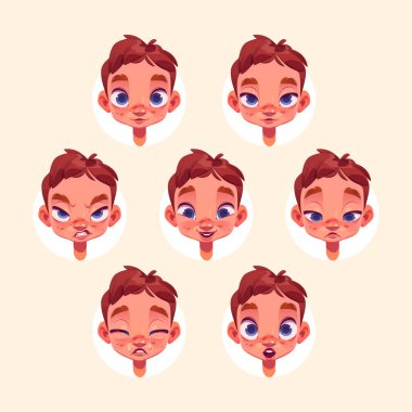 Little boy face with different emotions isolated on background. Vector cartoon set of cute child portraits with laugh, sad, angry, shy, surprise and cry and angry facial expression