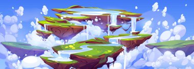 Game background with fantasy summer landscape with cascade waterfall on floating islands and clouds in blue sky. Vector cartoon illustration with flying ground pieces with river and green grass
