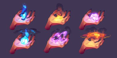 Witch hands with black magic power cartoon set. Vector illustration of creepy female fingers holding illuminated flame, ice, hurricane, curse symbols isolated on background. Evil woman casting spell