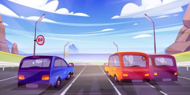 Cars driving at highway rear view, automobiles riding along asphalted road with seascape landscape with mountains and ocean under blue sky with fluffy clouds at sunny day, Cartoon vector illustration