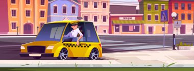 Taxi driver sitting in car with open window waiting passenger at city street with houses and zebra. Experienced cabbie male character in yellow automobile, taxi service, Cartoon vector illustration