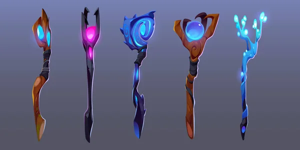 Set Magic Staff Wands Walk Sticks Glow Gems Crystals Magician — 스톡 벡터