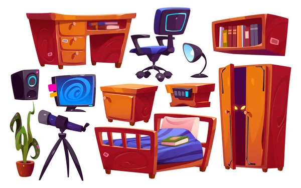 Teen Bedroom Furniture Bed Computer Monitor Telescope Books Shelf Isolated — Image vectorielle