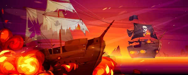 Sea Battle Wooden Ships Sunset Vector Cartoon Illustration Seascape Pirate — Image vectorielle