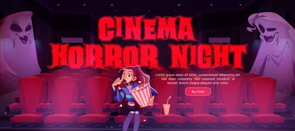 Cinema Horror Night Cartoon Banner Young Mesmerized Girl Pop Corn — Stok Vektör