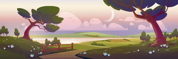 Cartoon nature landscape, sunrise, early morning summer background. Dirt road going along forest trees and green fields with flowers to clear lake under pink sky with fluffy clouds Vector illustration