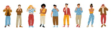 Set of young people with surprised face expressions on white background. Flat vector characters collection astonished men, women with open mouths and excited reaction. Wow effect emotions Amazing news