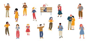 People using smartphones flat characters set. Vector adult men, women and children talking phone, texting, listening music, taking selfie, playing games isolated on white background. Gadget addiction