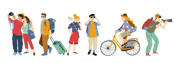 People Tourists Suitcases Backpacks Concept Travel Vacation Journey Tourism Vector — ストックベクタ