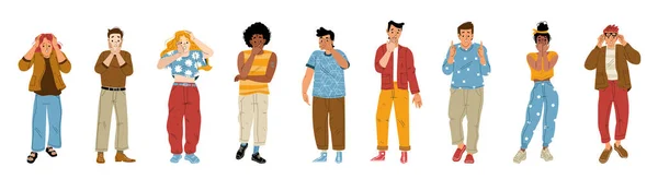 Set Young People Surprised Face Expressions White Background Flat Vector — ストックベクタ