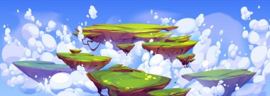 Green rocky island flying in heavenly blue sky cartoon illustration. Colorful vector image of paradise land floating in fluffy white clouds. Fantasy summer landscape on ground pieces hanging in air