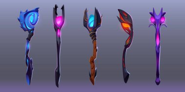 Magic staffs cartoon illustration set. Ancient crooked wooden stick with glowing colorful gems on top vector image. Wizard or witch sticks with light symbolizing wisdom, evil power, mystical abilities