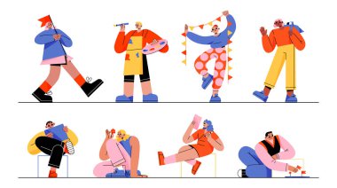Mbti konsepti, farklı kafa yapısına sahip insanlar. Yaratıcı, yaratıcı, mantıklı, yapısal, analitik düşünen erkek ve kadın karakterler, zihinsel davranış modelleri, sanat düz vektörü çizgisi.