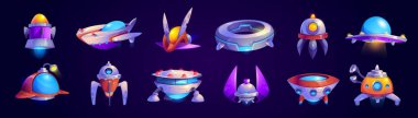 Uzaylı uzay gemisi oyun ikonları vektör seti. Komik roketler, UFO mekikleri beyaz arka planda izole edilmiş çizgi film koleksiyonu çizimleri. Fantezi kozmik nesneler, bilgisayar oyunu grafik tasarım elementleri