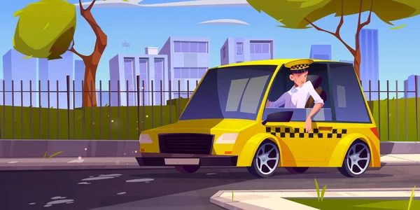 Taxi Driver Yellow Car City Street Vector Cartoon Illustration Summer — Stockvector